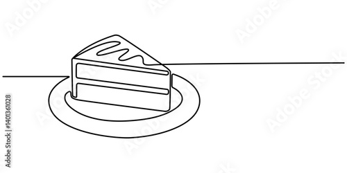 Continuous one line drawing of sliced cake - food and beverage concept. Contour icon. Cheese cake with cream in single line draw illustration. Editable stroke.  One continuous line.

 