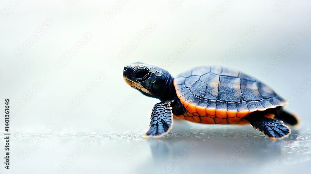Fototapeta premium A close-up of a tiny turtle on a white background with a blue and orange striped shell