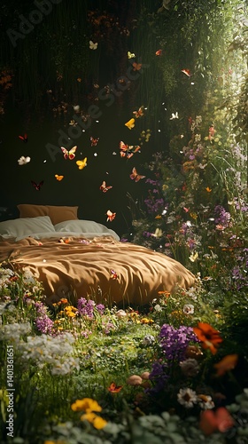 Nature-inspired bedroom with butterflies and floral meadow decor