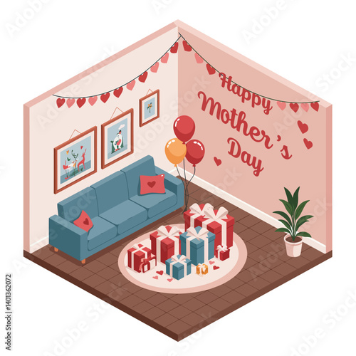 Cozy interior space decorated for Mothers Day in flat vector art