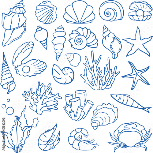 Vector graphic collection of seashells, underwater plants, seaweed, sea creatures such as crab, starfish, oyster and shrimp