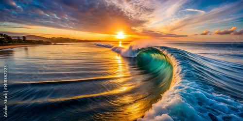 A drone shot of a perfect peeling wave at sunrise