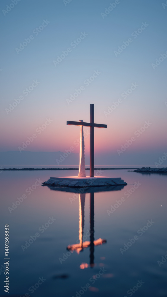 Naklejka premium Christian cross reflecting on water at sunset.