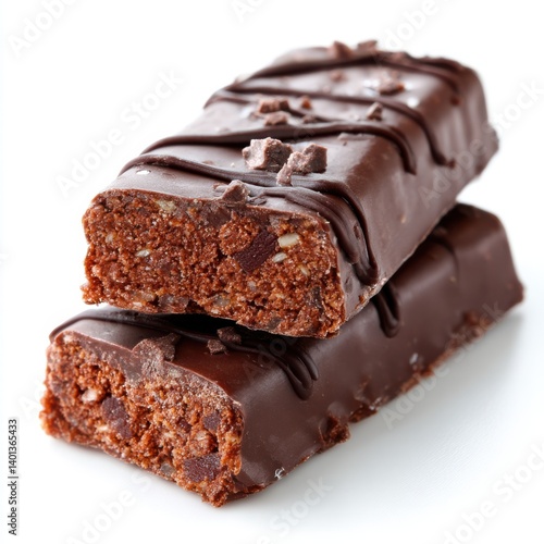 Stack of chocolate coated protein bars isolated on white background