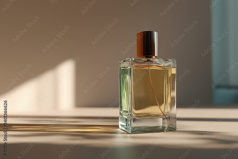 A commercial image of a sleek, minimalist perfume bottle placed upright on a solid-color background in a soft matte finish A commercial image of a sleek, minimalist perfume bottle placed upright on a solid-color background in a soft matte finish