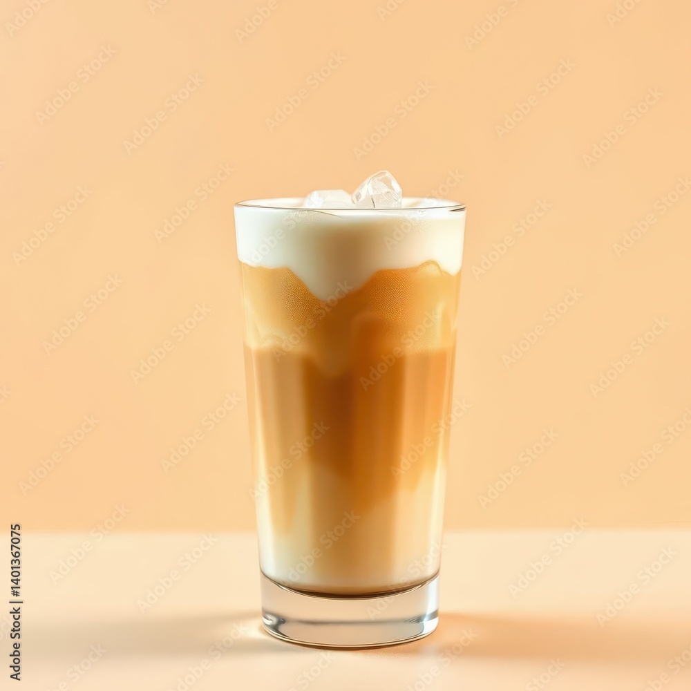Creamy layered iced latte in glass, beige background, espresso, sweet, food Creamy layered iced latte in glass, beige background, espresso, sweet, food