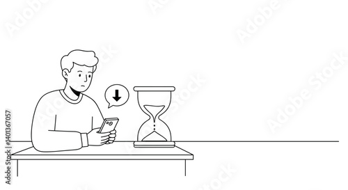 Young man waiting with smartphone beside hourglass