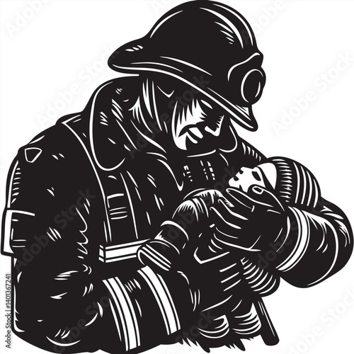Firefighter holding child’s toy, emotional silhouette vector