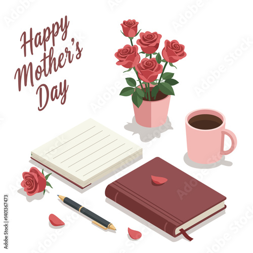Floral arrangement with notebook and coffee cup in flat vector art