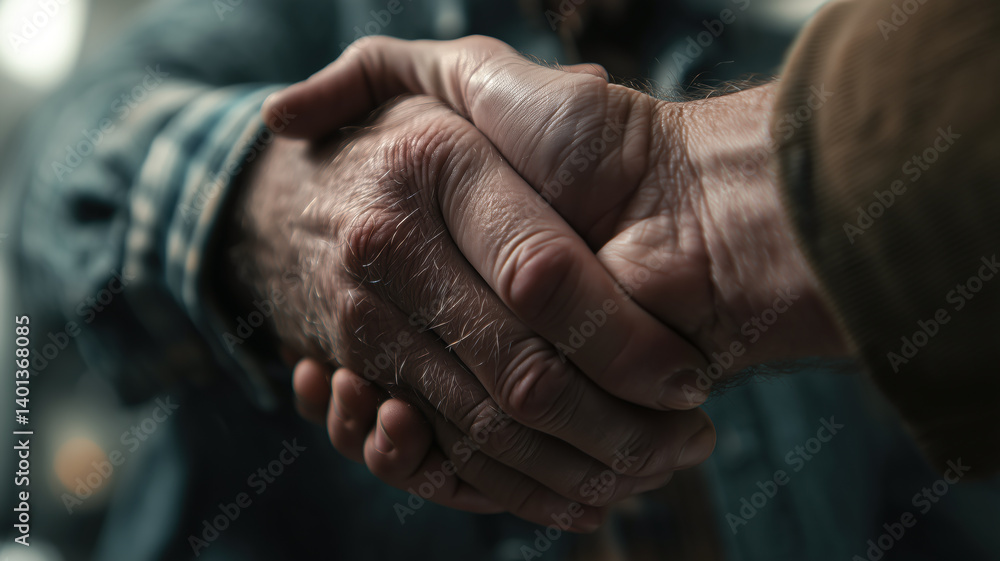 Fototapeta premium Close-up of a handshake, symbolizing agreement and partnership, showcasing weathered hands and a blue plaid shirt sleeve.