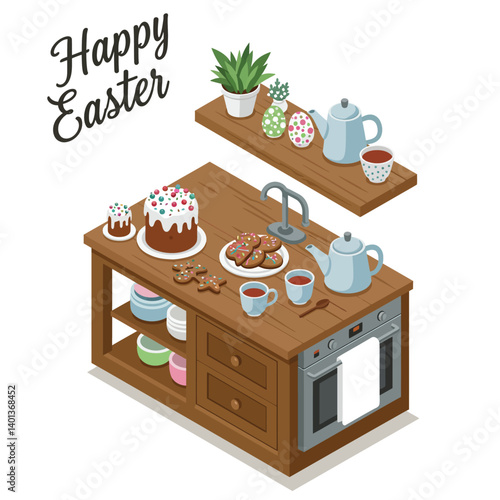 Cozy kitchen scene with Easter treats and decorations in flat vector art