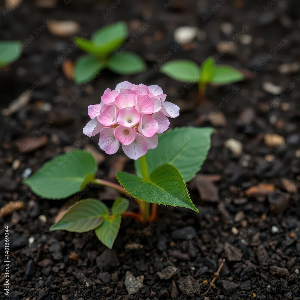 Delicate pink hydrangea stem emerging from rich soil, leaves, blossom Delicate pink hydrangea stem emerging from rich soil, leaves, blossom