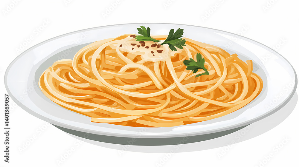 A photo of a white plate containing spaghetti or pasta with truffle and cream sauce. Titansteel Plate. Illustration
