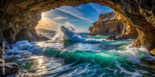 Waves swirling in a hidden sea cave