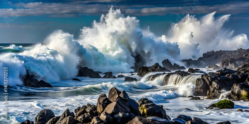 Foamy white waves breaking over volcanic black rocks
