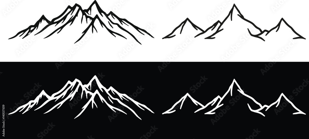Fototapeta premium Mountain Peaks Silhouette - Black Panoramic Landscape Vector for Adventure Travel & Logos