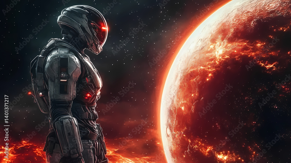 Fototapeta premium Futuristic soldier in armor stands before glowing red planet, contemplating. Intergalactic Armor. Illustration