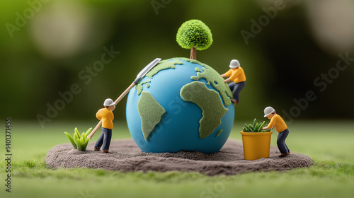Fototapeta Naklejka Na Ścianę i Meble -  Happy Earth Day banner. A globe with miniature figures of people, planting trees on the Earth. Persons use different tools. Copy space. Macro photography effect. World Environment Day