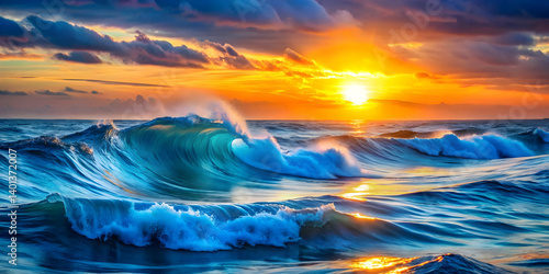 A glowing sunrise over cold blue waves