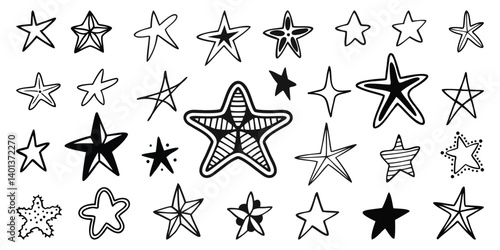 Hand-drawn doodle star shapes in various styles and outlines on white background