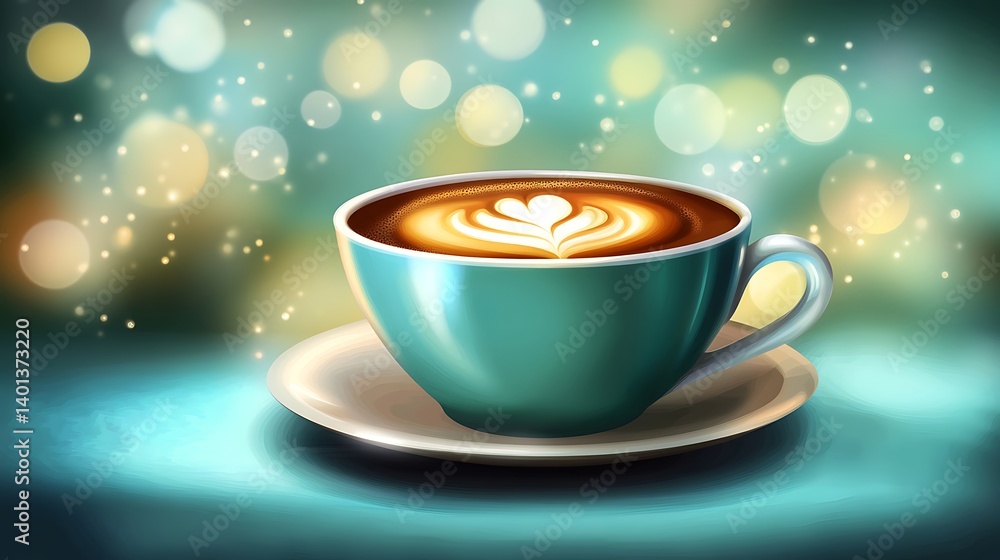Obraz premium Teal coffee cup latte, bokeh lights, cafe scene