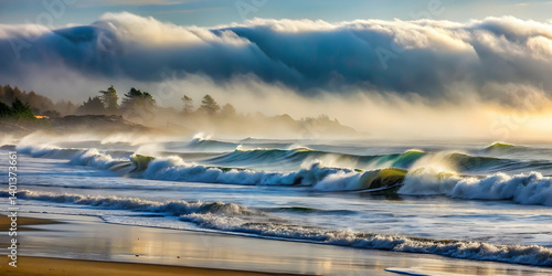 Misty, fog-covered waves rolling toward a winter beach