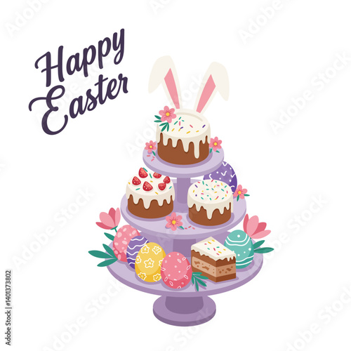 Colorful Easter cake display with bunny ears in flat vector art style