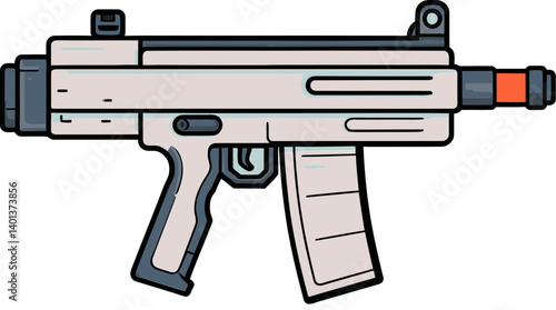 High-Speed Submachine Gun with Extended Clip Submachine Gun with Muzzle Flash and Recoil PNG