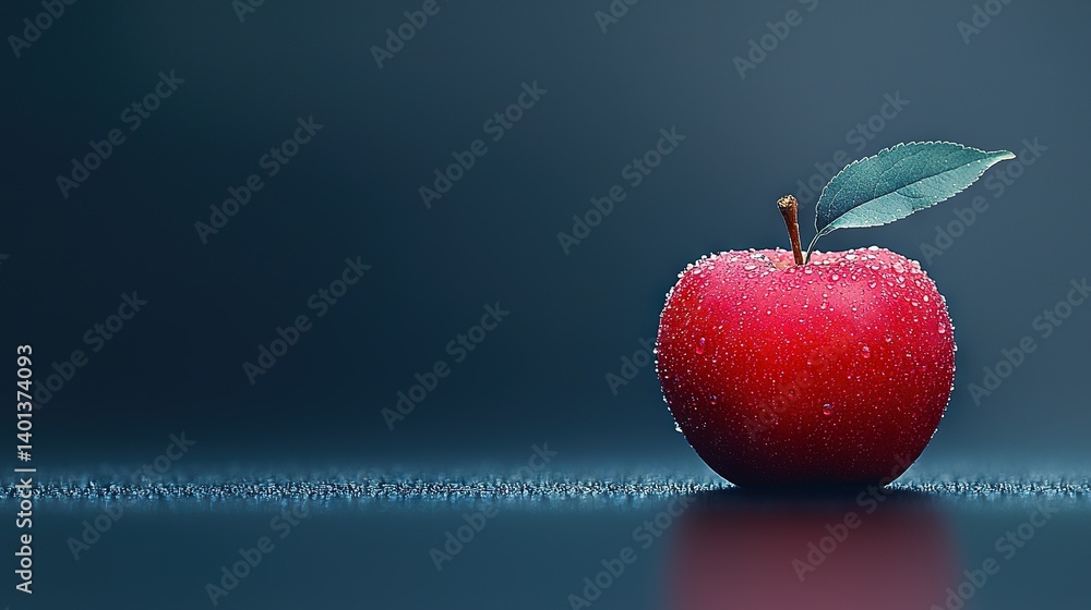 Obraz premium A red apple sits atop a blue surface, topped by a green leaf and adorned with water droplets