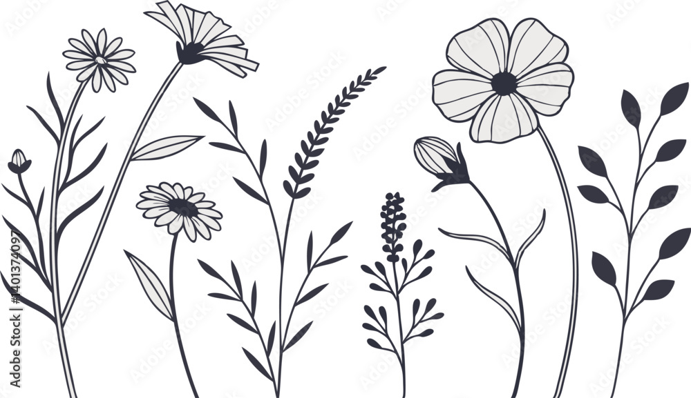 Obraz premium Minimal botanical line art of wildflowers and herbs graphic sketch drawing. floral elements trendy tiny tattoo design. silhouette vector illustration.
