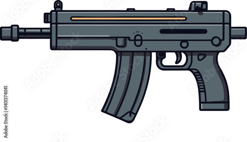 Submachine Gun in Action with High-Power Recoil Submachine Gun with Extended Muzzle Flash Vector