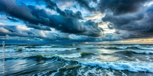 Gray-blue waves rising under a cold, cloudy sky