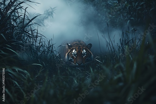 A tiger crouching low in the tall grass on a foggy night ready to pounce in the dark wilderness