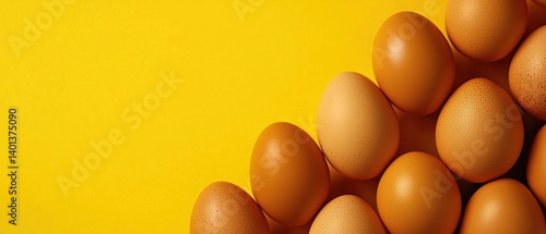 Brown farm eggs arranged naturally on bright yellow background for national egg day