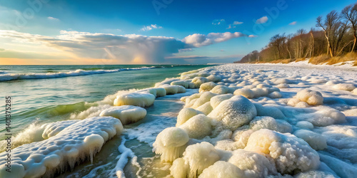 Frozen seafoam covering the shoreline after a winter storm