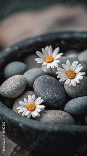Delicate daisies in pebble bowl a balanced design element