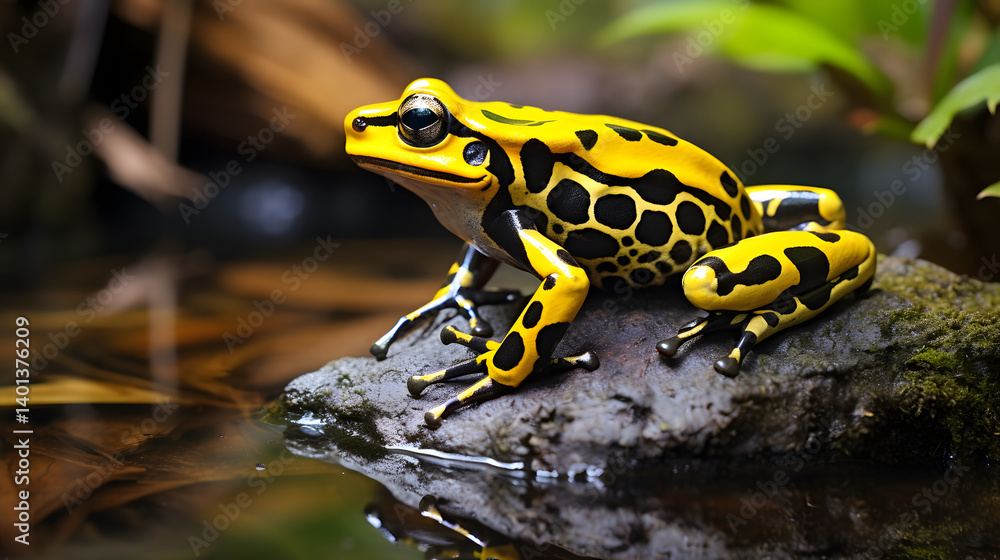 frog on the ground A bright yellow frog with black spots is perched on a rock near a pond. The poison dart frog is eye-catching with its bright colors and detailed patterns. frog on the ground A bright yellow frog with black spots is perched on a rock near a pond. The poison dart frog is eye-catching with its bright colors and detailed patterns.