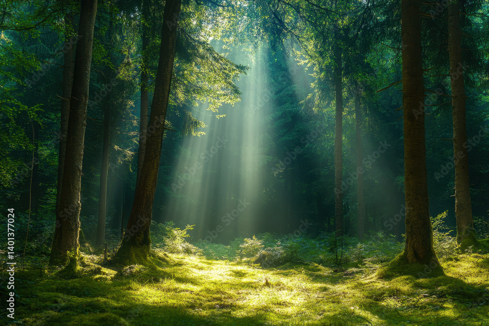 Fototapeta premium Sunlight filters through dense forest trees, creating a mystical aura as rays illuminate the peaceful, leafy canopy below.