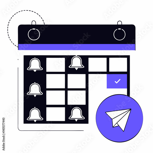 Email campaign scheduling with calendar grid, paper airplane icons, and reminder bell symbols