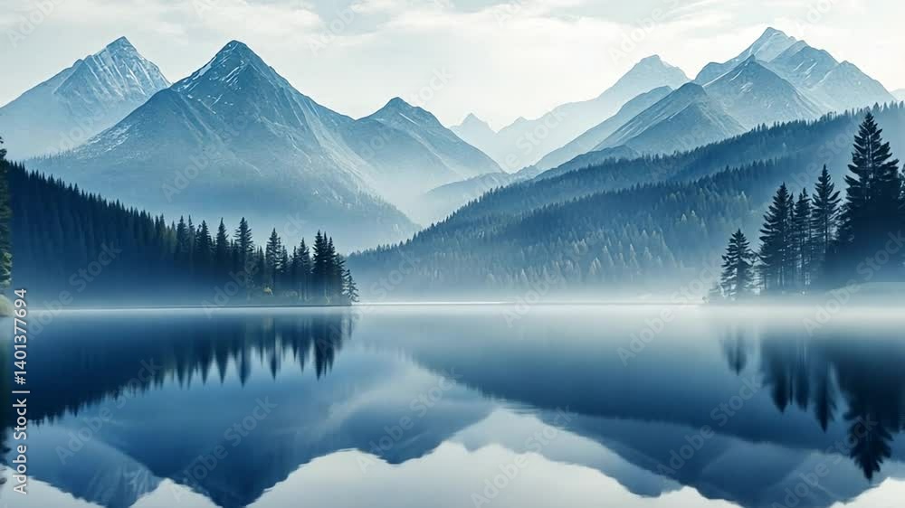 Captivating Reflections: A Serene Mountain Landscape Scene with Misty Blue Hues and Calm Water Captivating Reflections: A Serene Mountain Landscape Scene with Misty Blue Hues and Calm Water