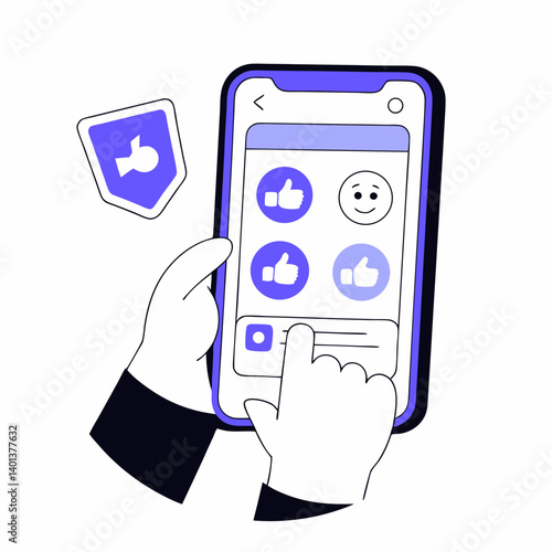 Flat style character creating social media posts with mobile phone, likes, comments, and share icons appearing