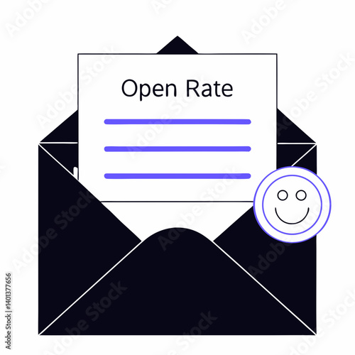 Marketing email open rate concept with envelope icon, paper message, open rate percentage and smiley emoji