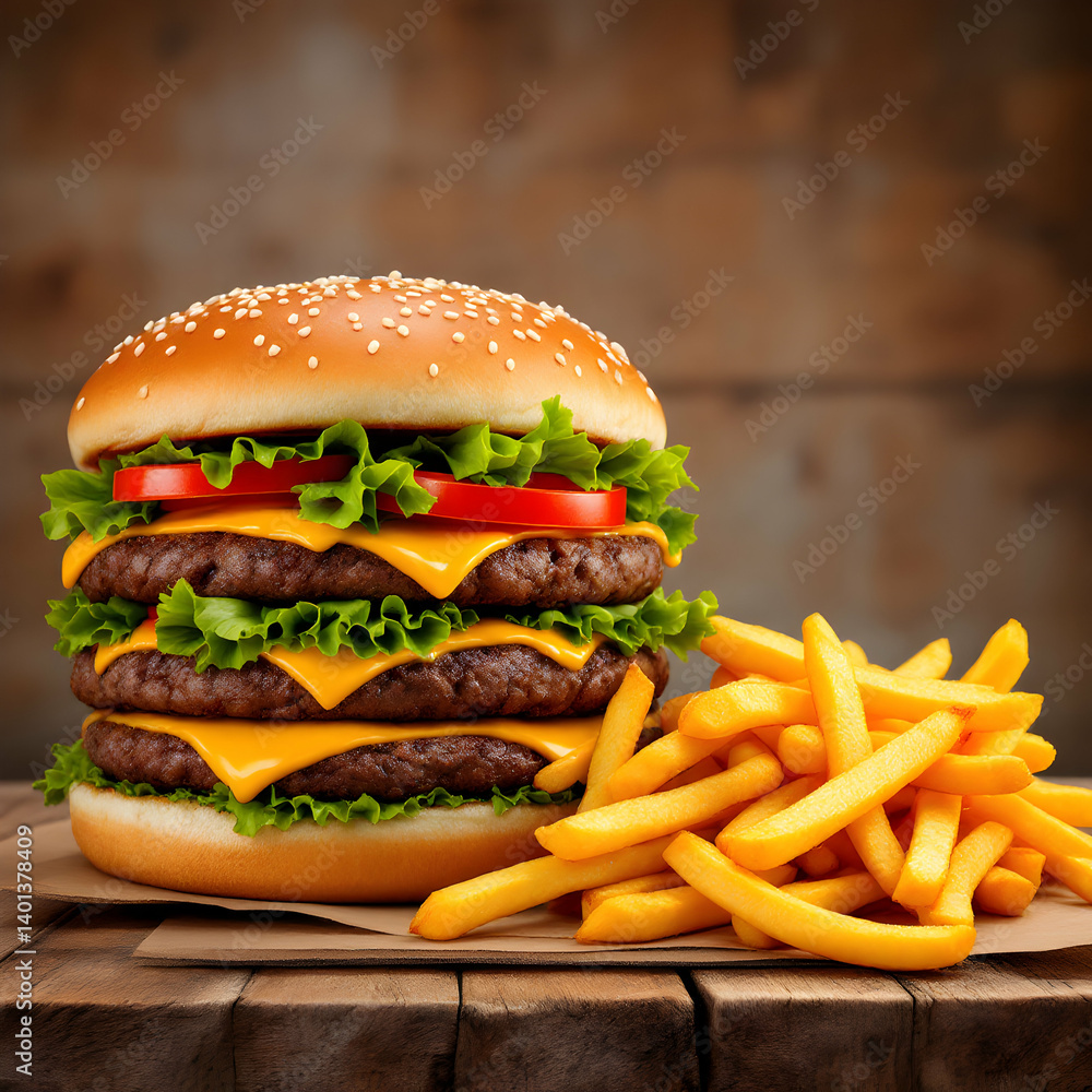 Tasty big size burger with french fries on wooden background Cheese beef burger with a lettuce Burger with meat Cooking a burger at home junk fast food Tasty big size burger with french fries on wooden background Cheese beef burger with a lettuce Burger with meat Cooking a burger at home junk fast food