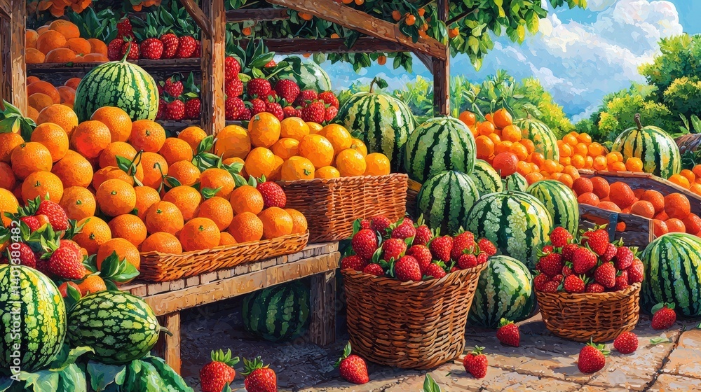 A vibrant market scene filled with baskets of oranges, watermelons, and strawberries under a sunny sky, showcasing fresh produce in a colorful display. A vibrant market scene filled with baskets of oranges, watermelons, and strawberries under a sunny sky, showcasing fresh produce in a colorful display.
