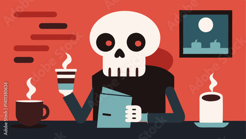 Morbid Coffee Break A vector of a skeleton relaxing in a cozy café sipping coffee from a Worlds Best Skeleton mug. The skeleton has a small mischievous smile and a newspaper titled