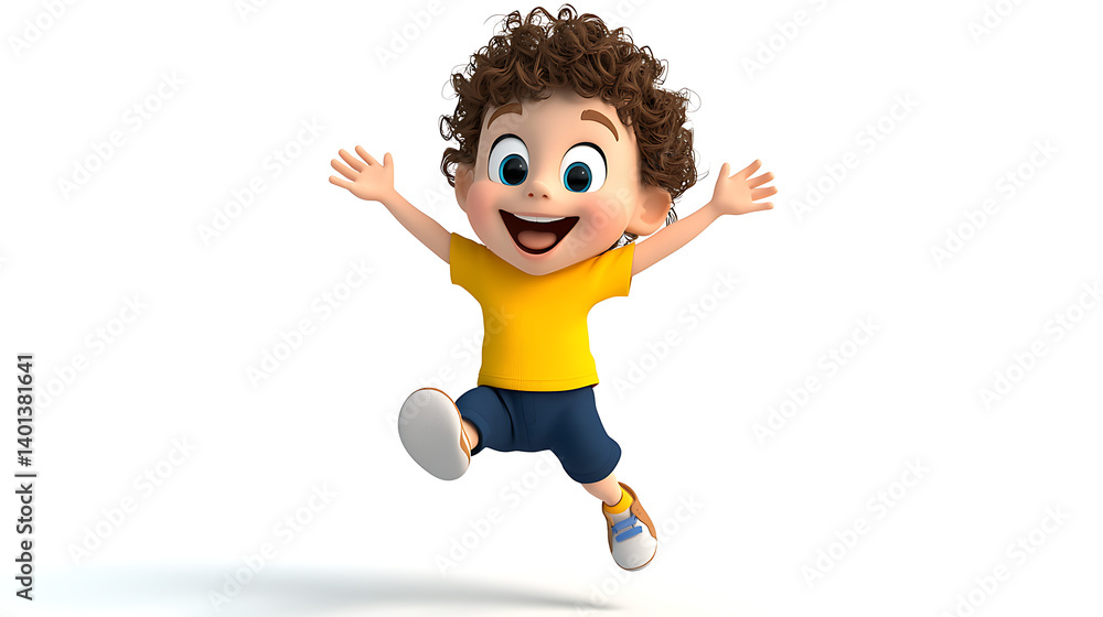 Fototapeta premium A cartoon boy is jumping in the air. Generated using AI.