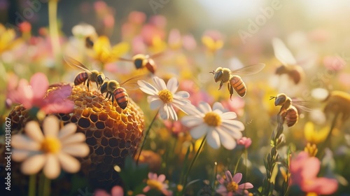 A close-up of bees busy at work on a beehive surrounded by flowers