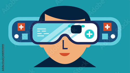 Smart Glasses Displaying Health Information A pair of smart glasses worn by an individual with augmented reality overlay showing health tips and notifications in their field of