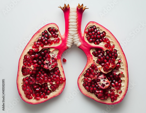 Anatomical Art Concept – Human Lung Shape Made of Pomegranate Seeds on Pure White Background – Medical Aesthetic & Healthy Lifestyle Illustration for Posters, Packaging & Editorial Design