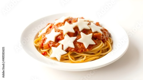 Kid-sized portion of spaghetti with a smooth veggie-blended tomato sauce, topped with melted cheese cut into star shapes.